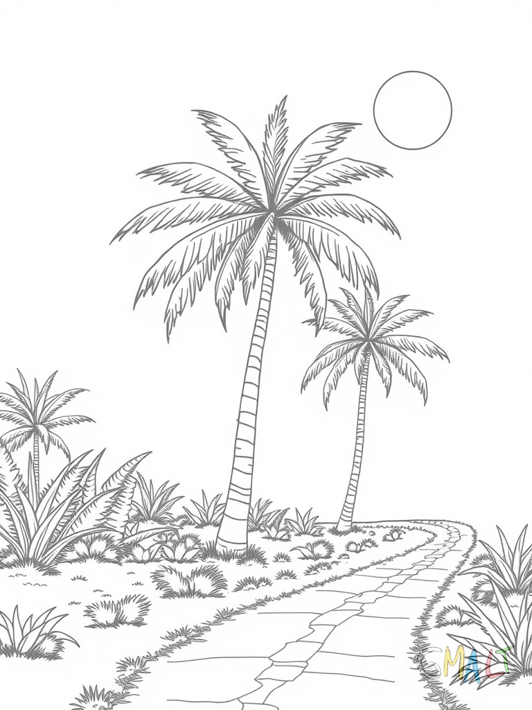 Drei Palmen stehen nebeneinander. Davor liegt ein Weg mit ausgelegten Gewändern und Palmzweigen. Die Sonne scheint von oben links.