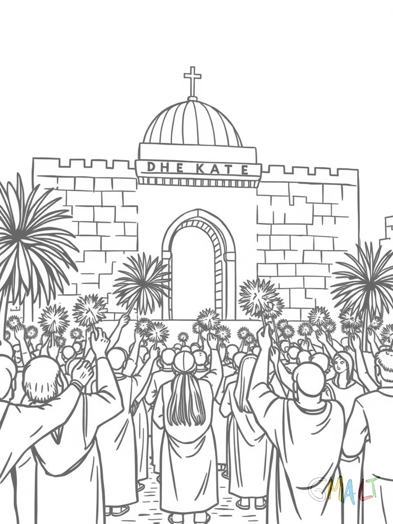 Die Stadtmauer von Jerusalem mit einem großen Tor in der Bildmitte. Davor stehen Menschen mit Palmzweigen in den erhobenen Händen.