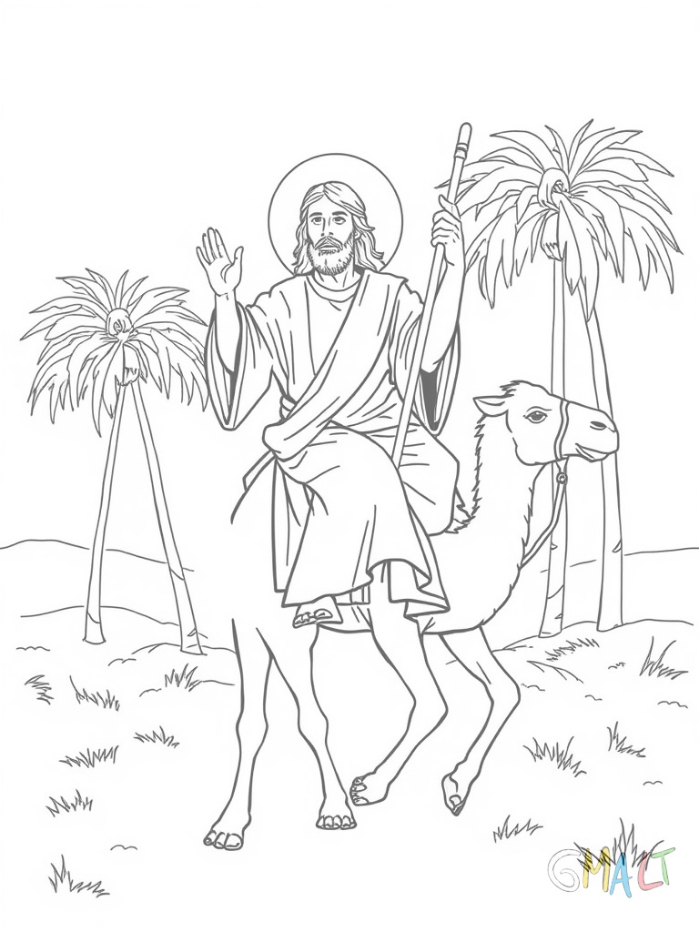 Jesus sitzt auf einem kleinen Esel und reitet nach links. Er trägt ein langes Gewand und hebt seine rechte Hand zum Gruß. Im Hintergrund sind zwei Palmen zu sehen.