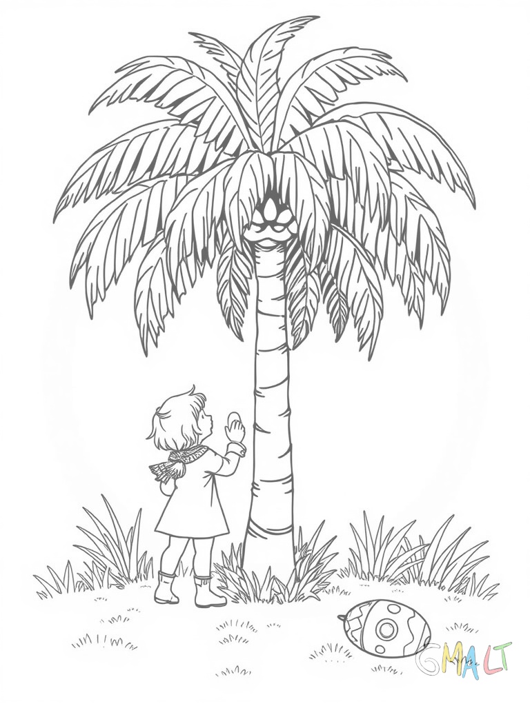 Eine große Palme steht in der Bildmitte. Zwei Kinder pflücken Palmzweige von den unteren Ästen. Ein geflochtener Korb liegt neben ihnen auf dem Boden.