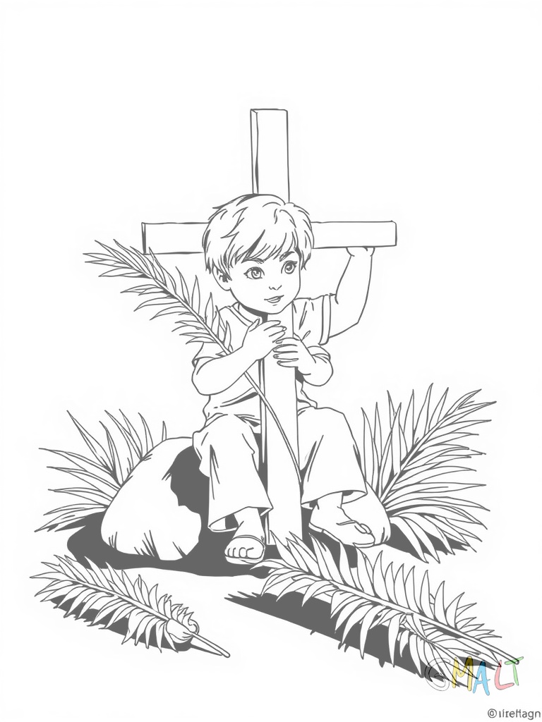 Ein Kind flicht Palmzweige zu einem Kreuz. Es sitzt im Schneidersitz auf dem Boden. Neben ihm liegen weitere Palmzweige bereit.