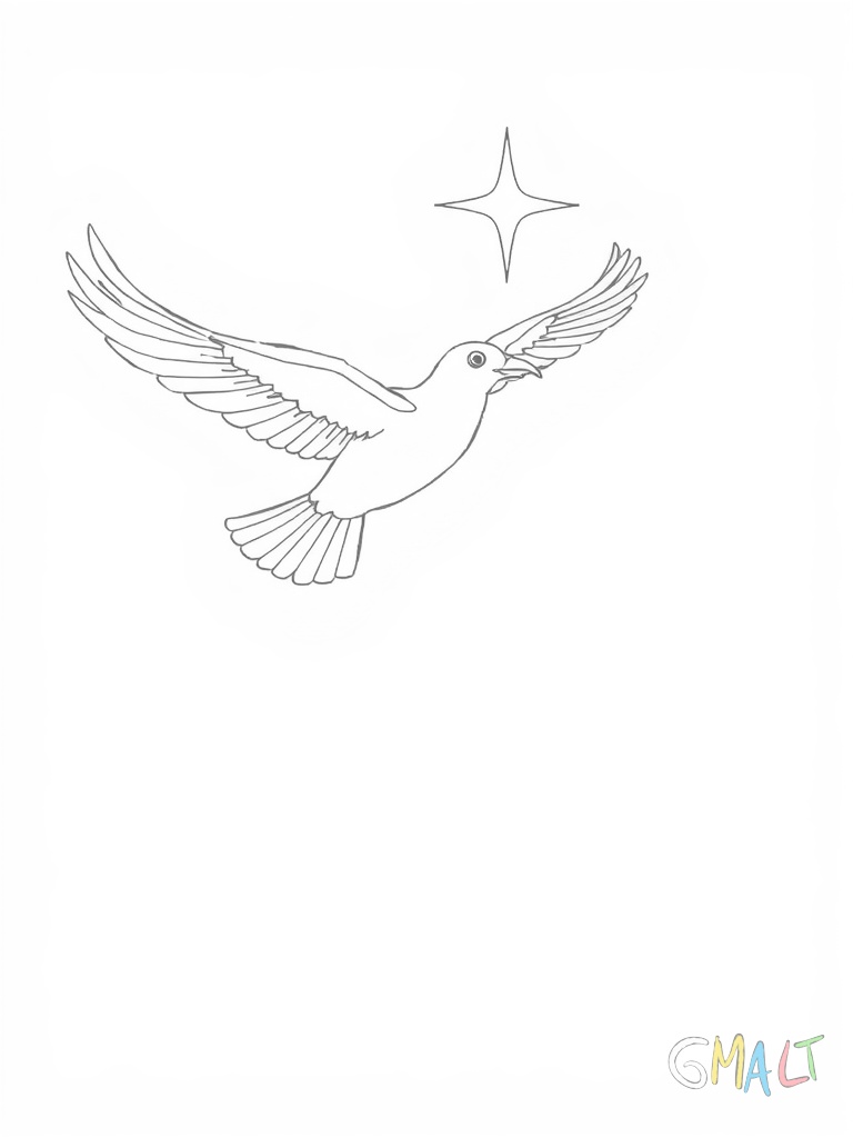 Eine weiße Taube fliegt mit ausgebreiteten Flügeln nach oben. Über ihr schwebt ein leuchtender Stern. Die Taube ist von der Seite zu sehen und ihre Flügel zeigen deutlich die einzelnen Federn.