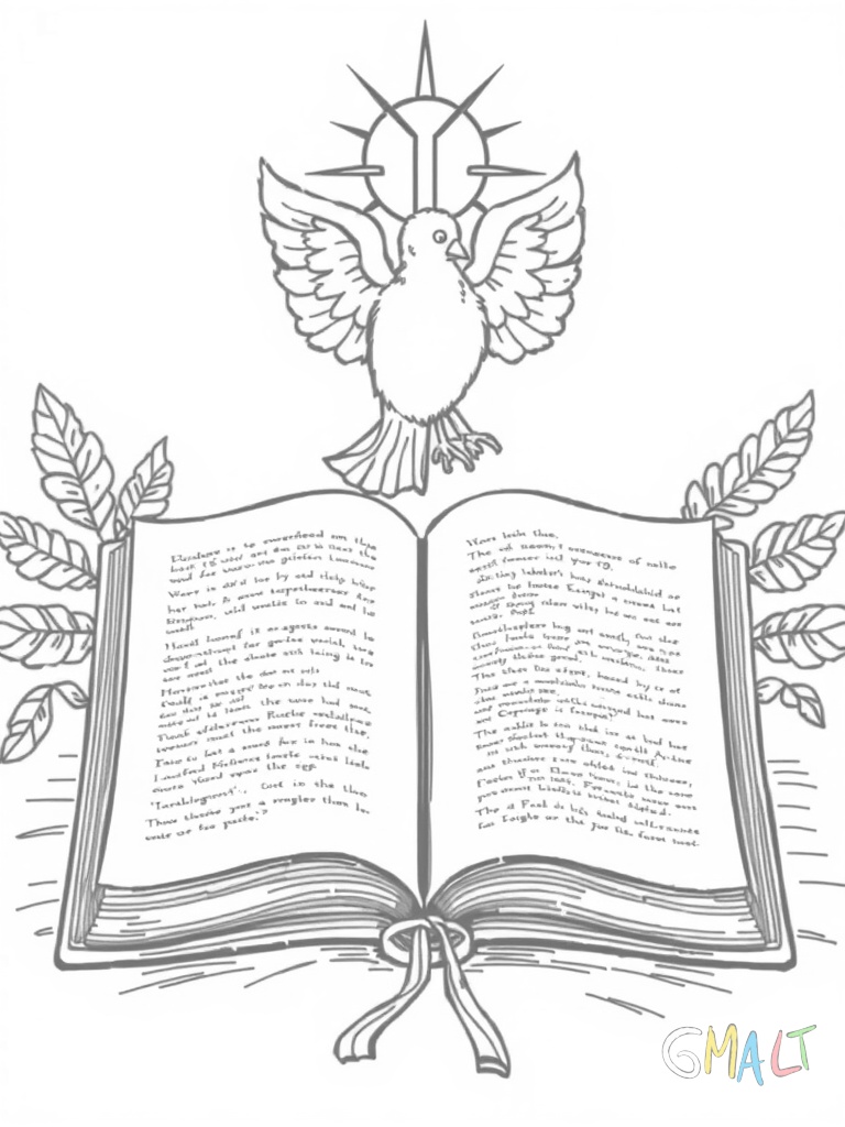 Ein großes offenes Buch liegt aufgeschlagen in der Bildmitte. Darüber schwebt eine Taube mit Heiligenschein. Auf den Buchseiten sind wellenförmige Linien als Symbol für Text zu sehen.
