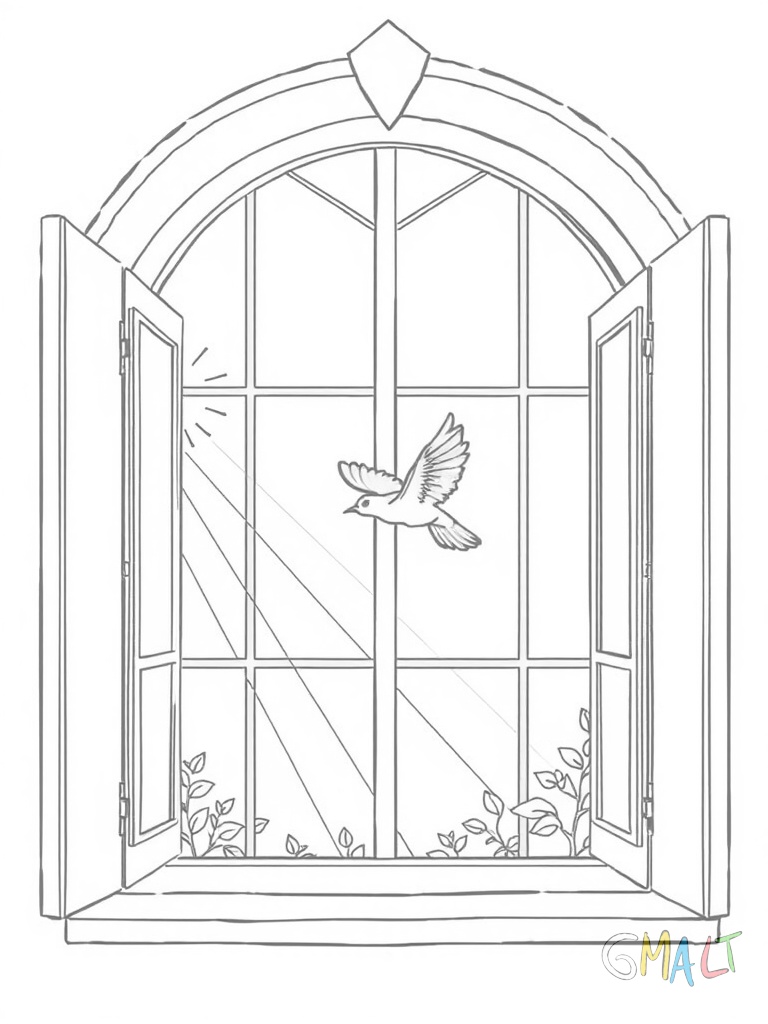 Ein großes Fenster in Kreuzform ist mit einfachen Ornamenten verziert. Durch das Fenster fliegt eine Taube nach innen. Sonnenstrahlen fallen diagonal durch das Fenster.
