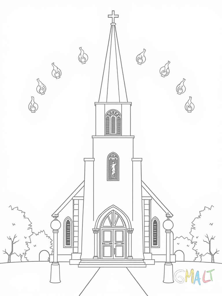 Eine Kirche mit hohem Turm und großem Eingangstor steht im Zentrum. Über dem Kirchendach schweben zwölf kleine Flammen in einem Halbkreis angeordnet. Vor der Kirche stehen drei große Kerzen.