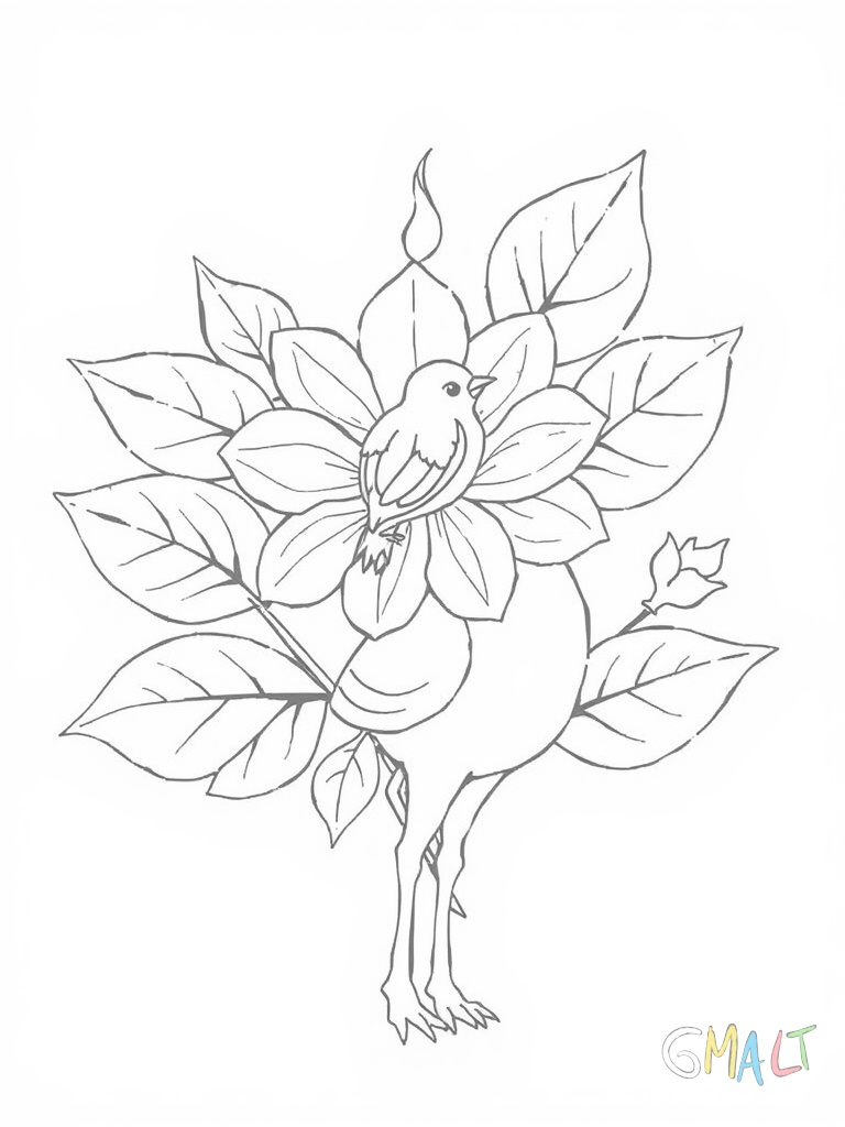 Ein Zweig mit sieben Blättern trägt eine große Pfingstrose in der Mitte. Eine kleine Taube sitzt auf einem der Blätter. Neben der Blüte schwebt eine kleine Flamme.