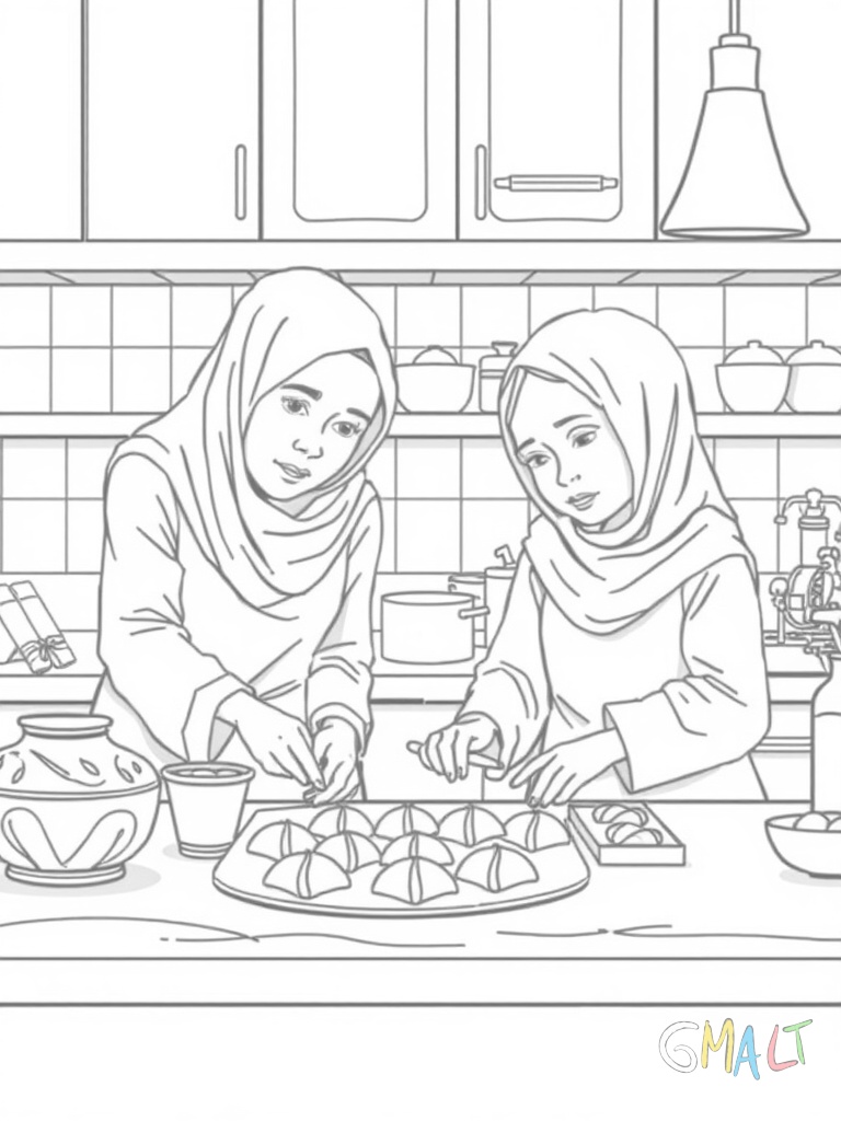 Eine Mutter und Tochter bereiten in der Küche gemeinsam das Iftar-Essen vor. Sie formen Teigtaschen auf der Arbeitsplatte.