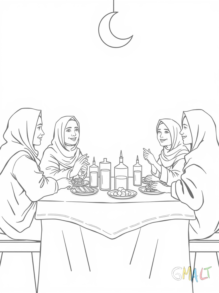 Eine muslimische Familie sitzt gemeinsam am gedeckten Tisch zum Iftar. Auf dem Tisch stehen Datteln Wasserkaraffen und dampfende Speisen. Alle lächeln einander zu.