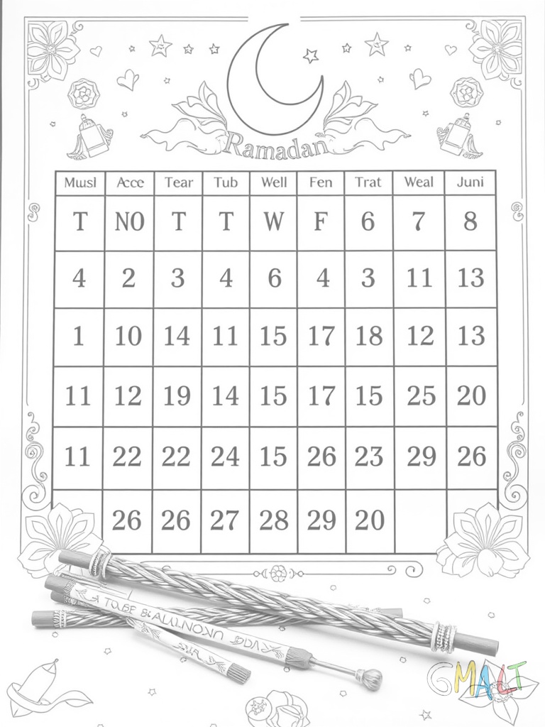 Ein großer verzierter Gebetskalender mit 30 Feldern. Einige Felder sind bereits markiert. Daneben liegen Stifte zum Abhaken.