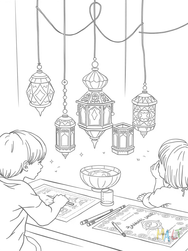Eine Gruppe Kinder bastelt Ramadan-Laternen aus buntem Papier. Auf dem Tisch liegen Scheren Kleber und Vorlagen.