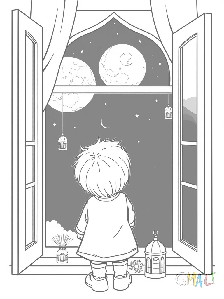 Ein Kind steht am Fenster und beobachtet den Mond durch ein Fernglas. Auf der Fensterbank stehen kleine Ramadan-Dekorationen.