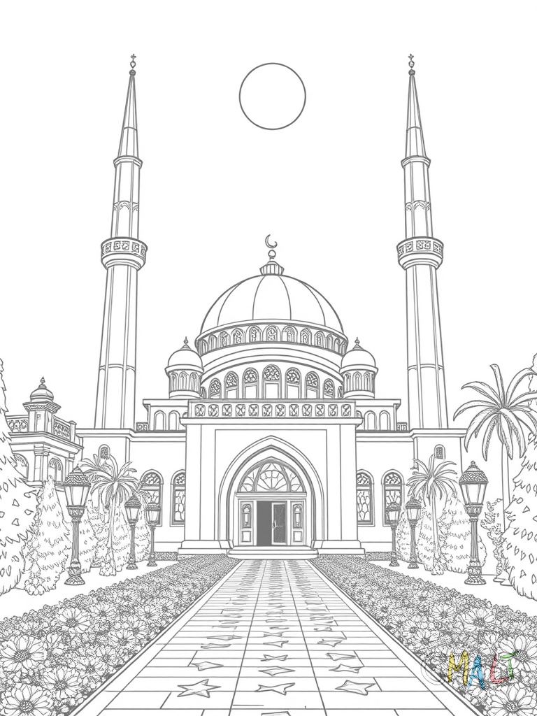 Eine große Moschee mit zwei schlanken Minaretten unter einem Sternenhimmel. Ein großer Halbmond steht über der Hauptkuppel. Im Vordergrund führt ein gepflasterter Weg zum Eingangstor.