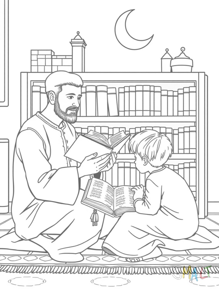 Ein Vater liest seinen zwei Kindern aus dem Koran vor. Sie sitzen gemeinsam auf einem Gebetsteppich vor einem Bücherregal.