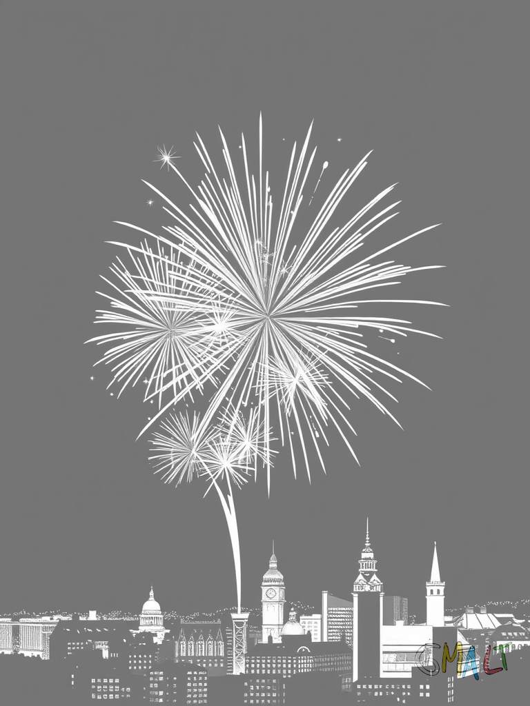 Ein detailliertes Feuerwerk erhellt den Nachthimmel. Verschiedene Raketen explodieren in Sternformen über einer angedeuteten Stadtsilhouette.