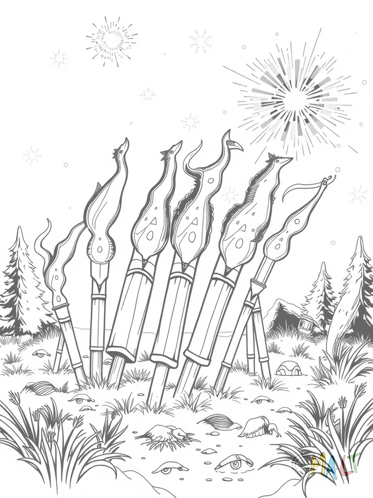 Eine Gruppe Raketen und Böller liegt bereit zum Abschuss. Dabei stehen Wunderkerzen in verschiedenen Größen.