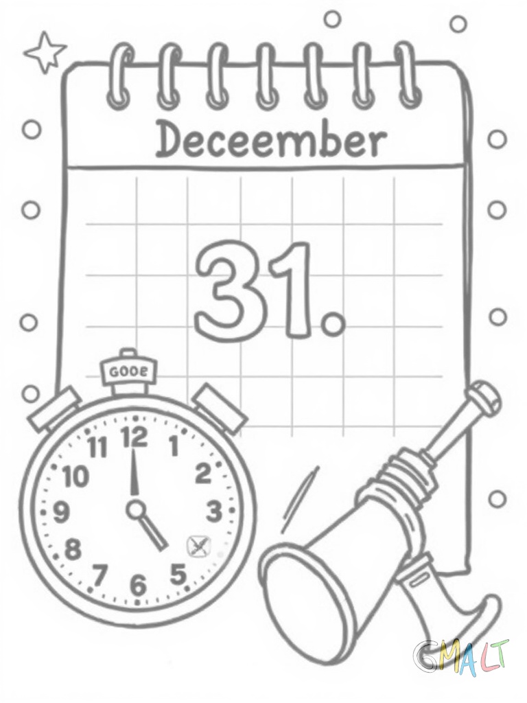 Ein Kalender zeigt den 31. Dezember. Daneben liegt eine tickende Uhr und eine Partytrompete.