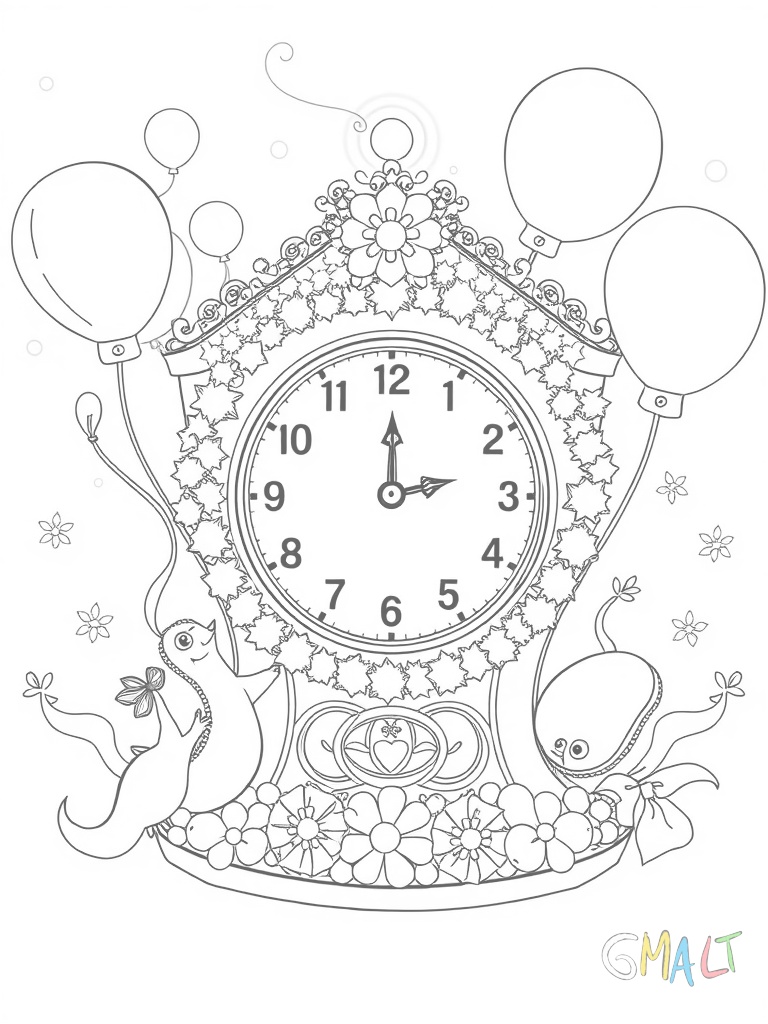 Eine festlich geschmückte Standuhr zeigt zwei Minuten vor Mitternacht. Drumherum tanzen bunte Luftballons und Papierschlangen.