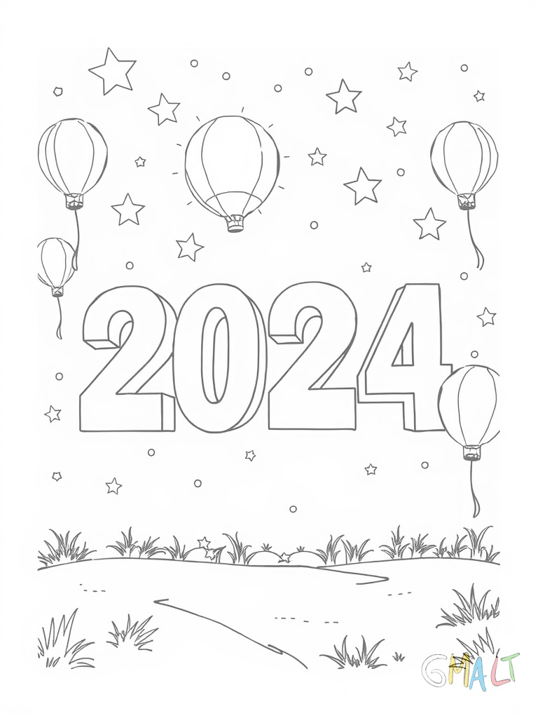 Eine große '2024' Zahl steht im Zentrum. Drumherum schweben Sterne und Luftballons in verschiedenen Größen.