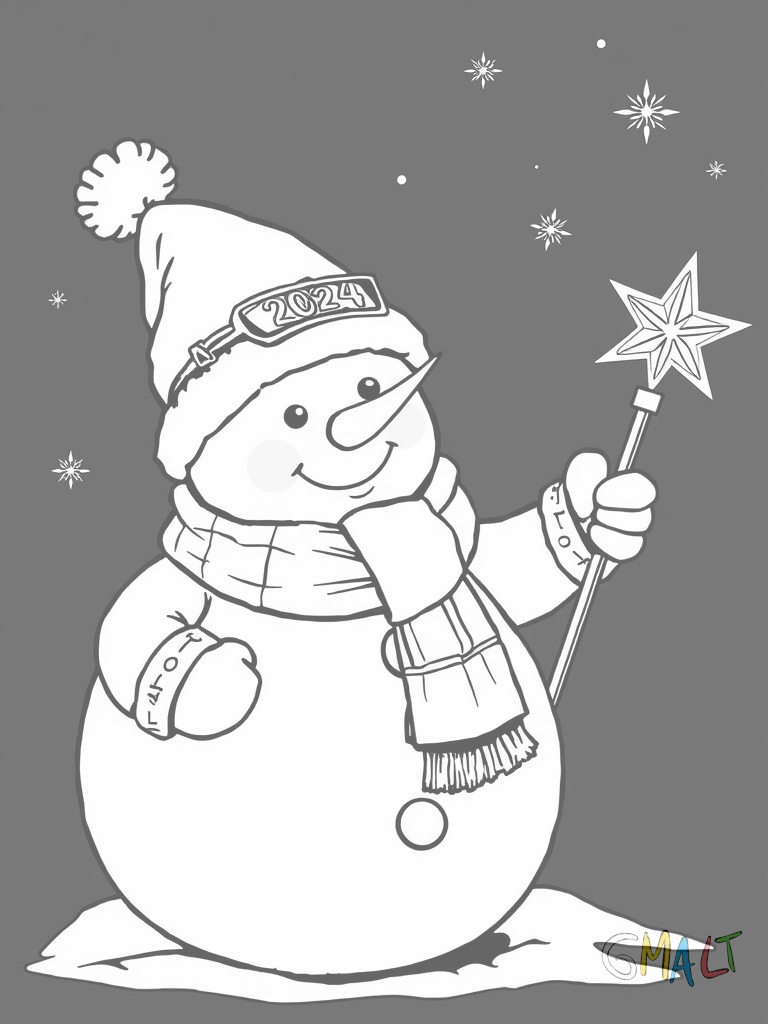 Ein fröhlicher Schneemann mit Zylinder und rotem Schal hält eine große Wunderkerze in seiner Zweighand. Auf seiner Nase sitzt eine '2024' Brille.
