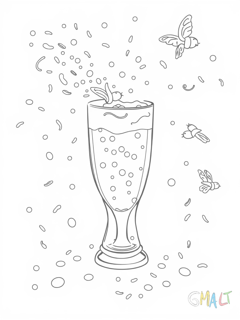 Eine große Sektflasche spritzt fröhlich ihren Korken in die Luft. Rundherum fliegen Konfetti und Luftschlangen.