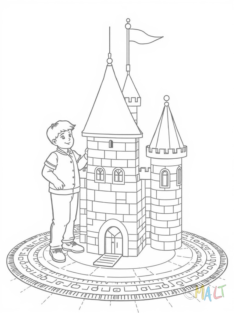 Ein Vater und sein Kind bauen gemeinsam eine Ritterburg aus Bauklötzen. Die halbfertige Burg steht auf einem runden Teppich und zeigt bereits Türme und Mauern.