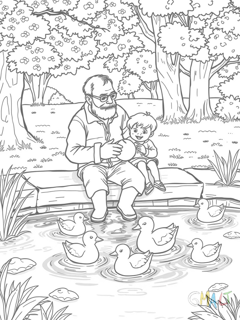 Ein Papa sitzt mit seinem Kind auf einer Parkbank und füttert Enten. Ein Brot liegt zwischen ihnen und drei Enten schwimmen im Teich.