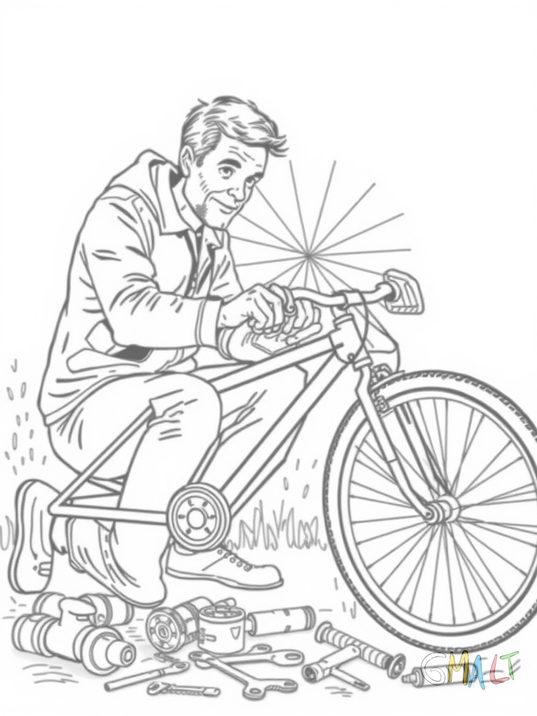 Ein Papa repariert mit seinem Kind zusammen ein Fahrrad. Sie knien nebeneinander vor dem umgedrehten Rad während Werkzeuge um sie herum liegen.