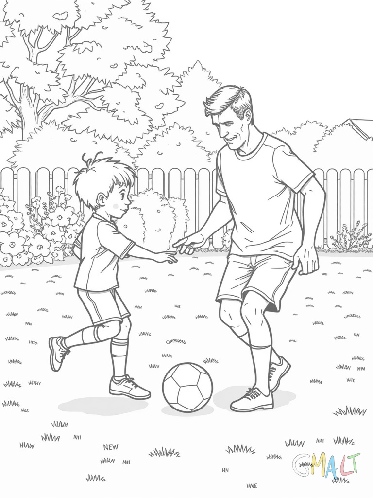 Ein Vater lehrt seinem Kind das Fußballspielen im Garten. Der Ball liegt zwischen ihnen während der Vater eine Schusstechnik erklärt.