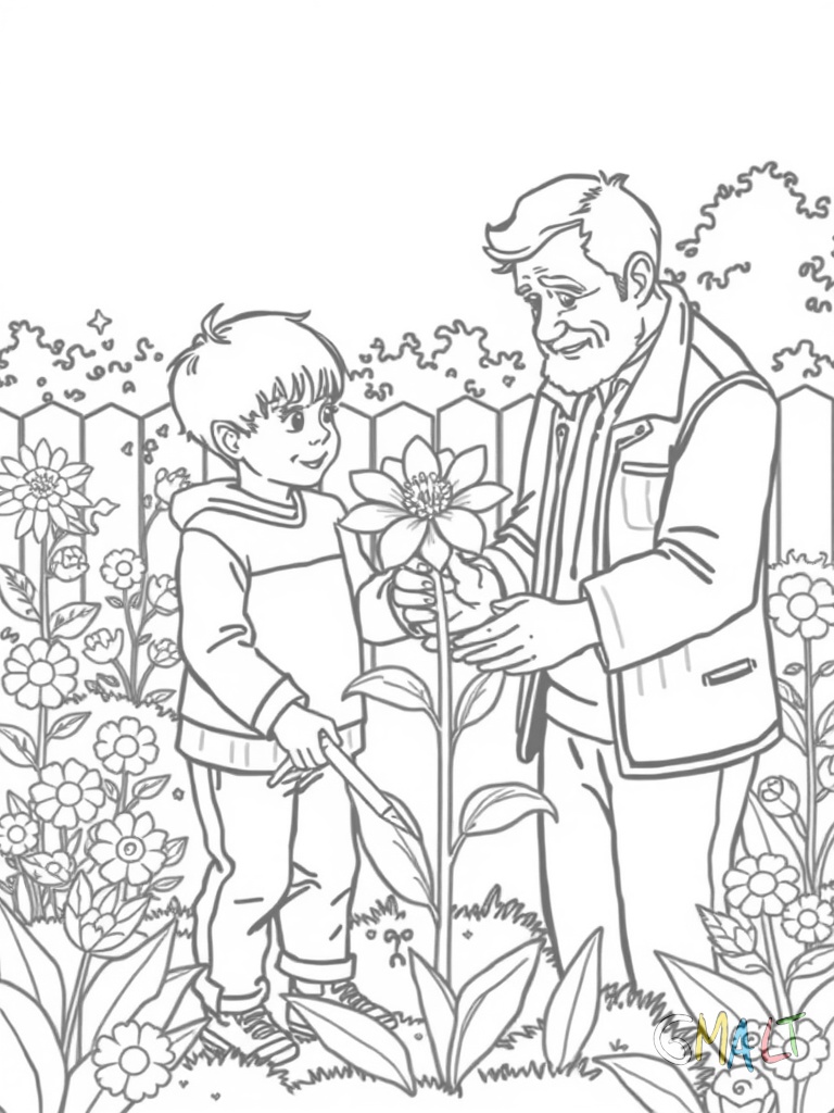 Ein Vater und sein Kind pflanzen zusammen eine Blume im Garten. Sie knien vor einem Blumenbeet mit Schaufel und Gießkanne daneben.