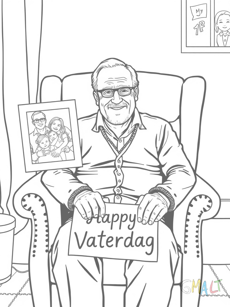 Ein Papa sitzt in seinem Lieblingssessel und hat ein eingerahmtes Familienfoto sowie eine selbstgebastelte Vatertagskarte in den Händen.