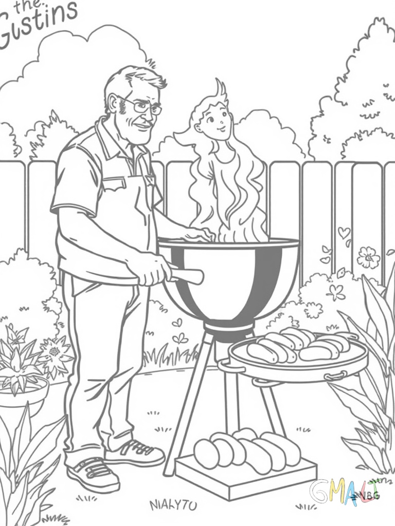 Ein Papa grillt mit seinem Kind im Garten. Sie stehen gemeinsam am Grill während Würstchen auf dem Rost liegen.
