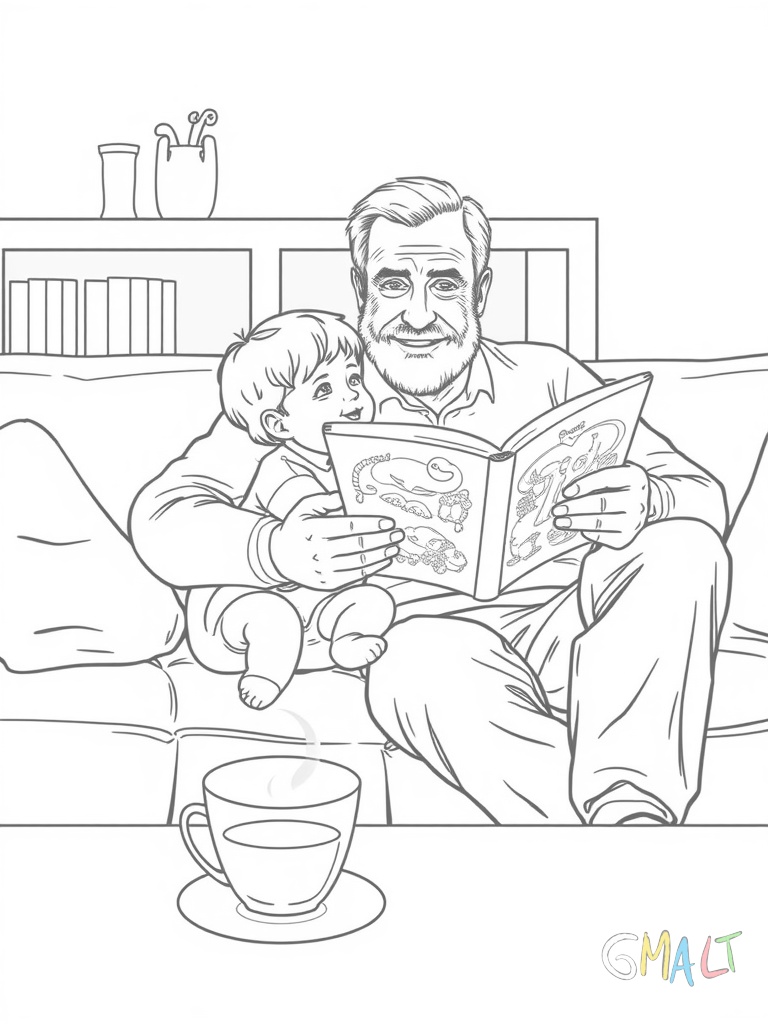 Ein Papa sitzt auf dem Sofa und liest seinem Kind ein großes Bilderbuch vor. Das Kind kuschelt sich dabei eng an ihn. Auf dem Sofatisch steht eine dampfende Tasse Kaffee.
