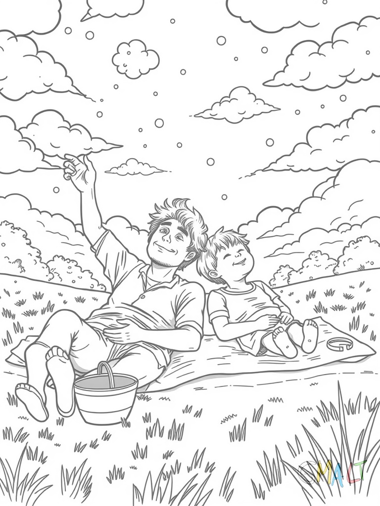 Ein Vater und sein Kind liegen auf einer Picknickdecke und beobachten Wolken. Sie zeigen beide nach oben während ein Picknickkorb neben ihnen steht.