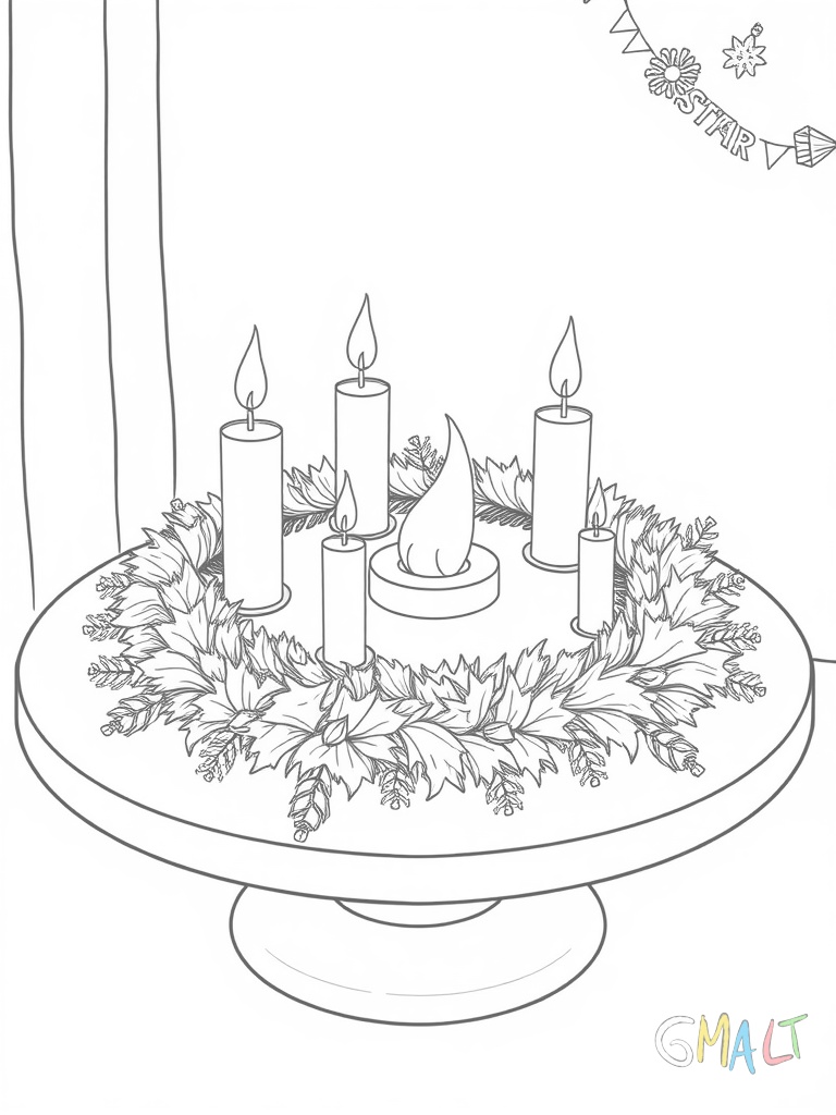 Ein Adventskranz liegt auf einem runden Tisch. Vier große Kerzen stehen darauf drei sind noch unangezündet und eine brennt. Kleine Tannenzapfen und Schleifen schmücken den Kranz.