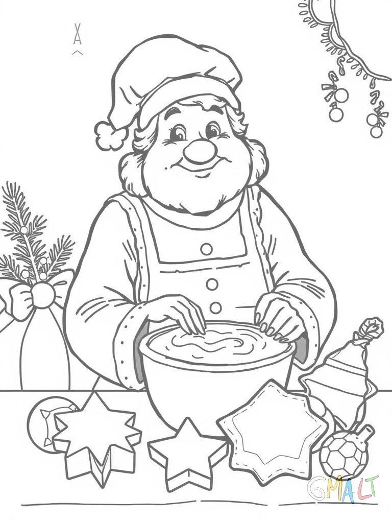 Eine große Weihnachtsgans sitzt in der Bildmitte und trägt eine Kochmütze. Sie rührt in einer Schüssel Plätzchenteig. Neben ihr liegen Ausstechformen in Stern- und Tannenform.