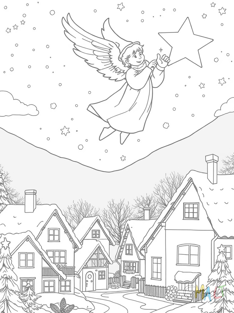 Ein Weihnachtsengel schwebt über einem Dorf bei Nacht. Er trägt einen großen Stern der das Dorf erleuchtet. Unten sind verschneite Häuser mit beleuchteten Fenstern zu sehen.