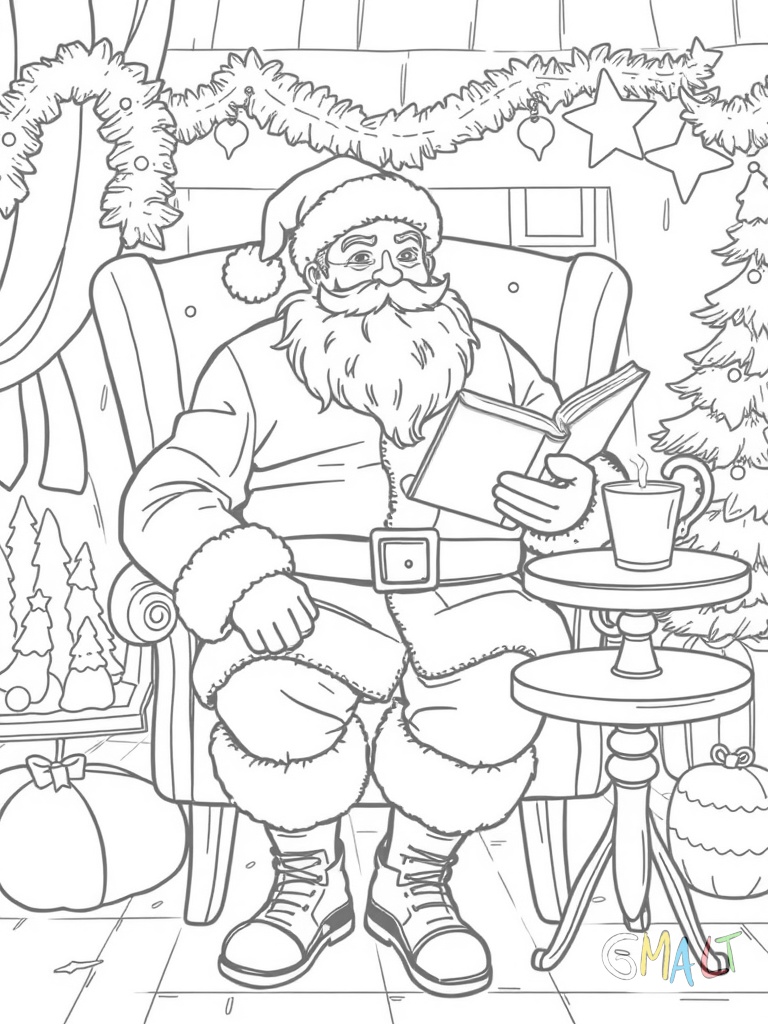 Ein Weihnachtsmann sitzt in seinem Schaukelstuhl vor einem Kamin. Auf seinem Schoß liegt ein großes Buch. Neben ihm steht eine Tasse mit dampfender heißer Schokolade auf einem kleinen Tisch.