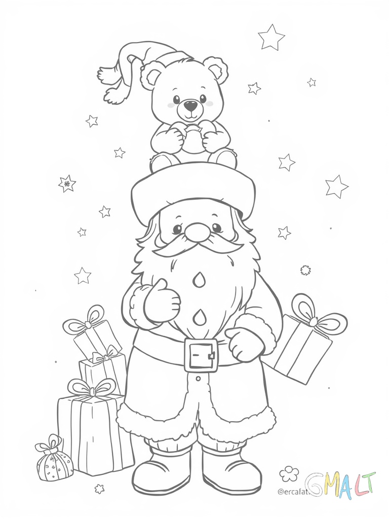 Ein großer Nikolausstiefel steht in der Bildmitte. Aus ihm schauen verschiedene Geschenke und Süßigkeiten heraus. Ein kleiner Teddybär sitzt oben auf dem Stiefel und hält einen Zuckerstab.