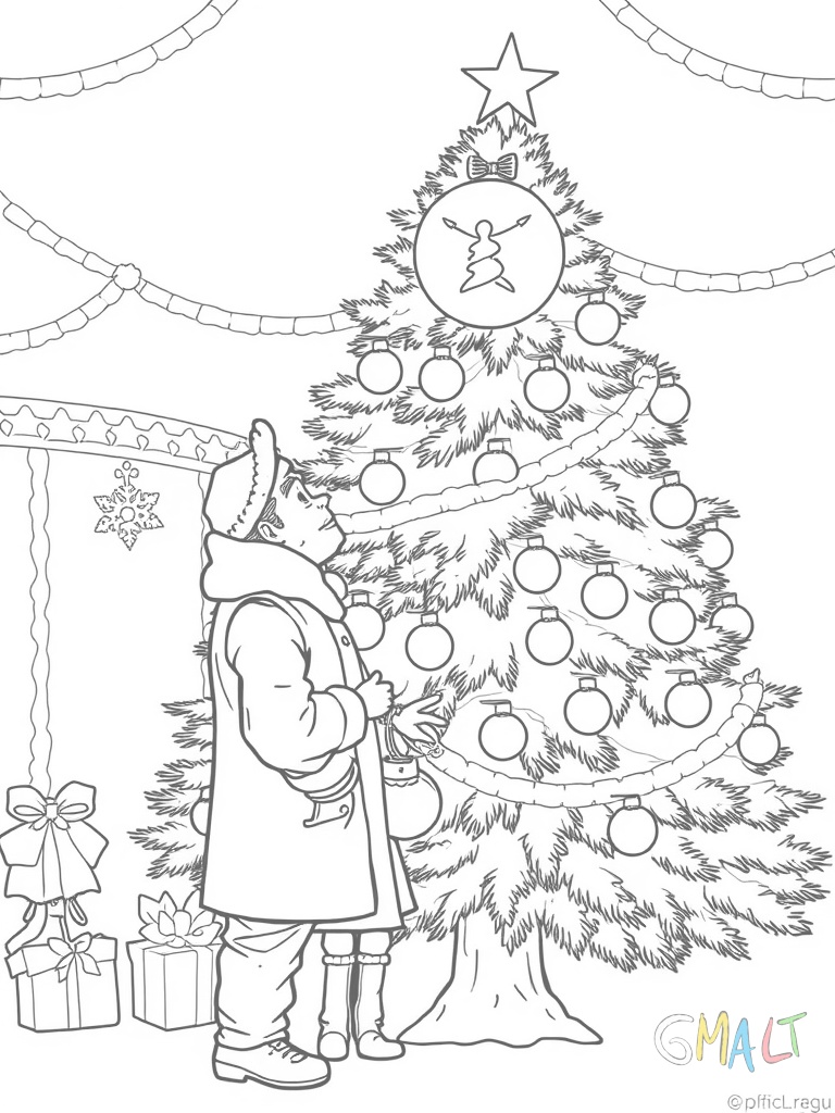 Ein Rentier steht vor einem großen Weihnachtsbaum und schmückt ihn mit einer Lichterkette. Auf seiner Nase balanciert es eine Christbaumkugel. Eine kleine Leiter lehnt am Baum.