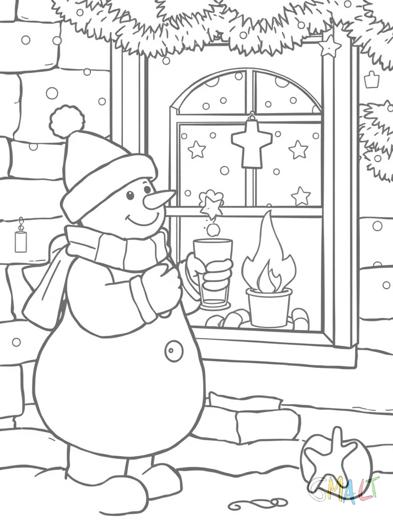 Ein Schneemann steht vor einem Fenster und malt mit seinem Finger Eiskristalle ans Glas. Im Fenster steht ein Adventskalender und eine brennende Kerze ist zu sehen.