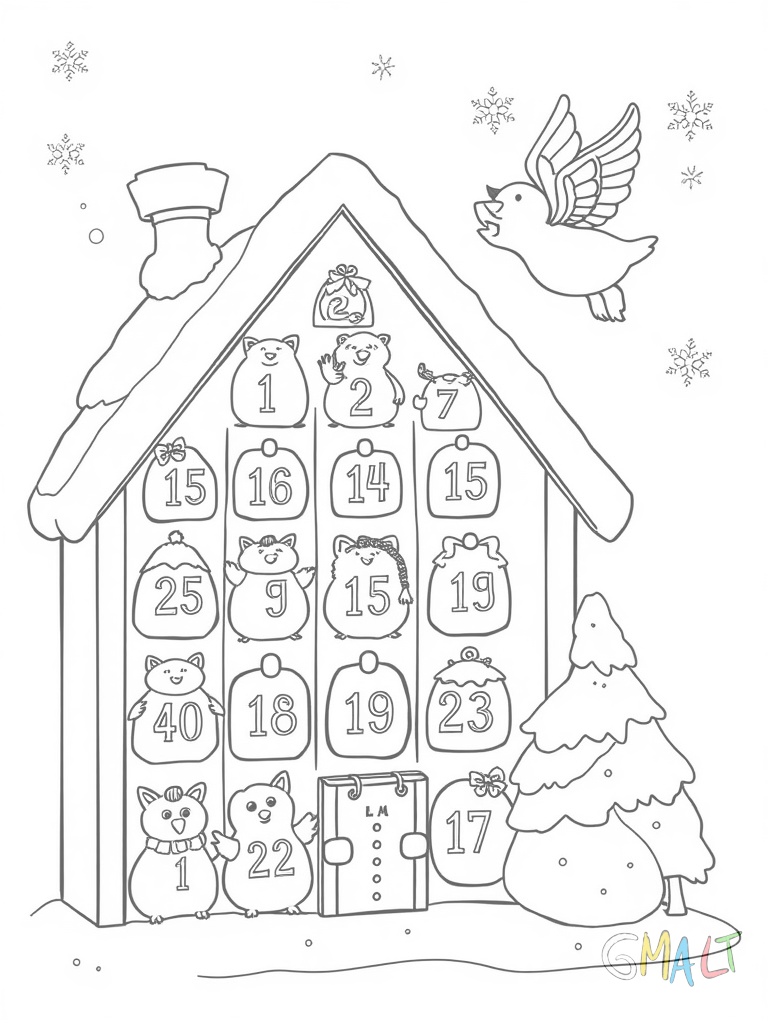Ein klassischer Adventskalender mit 24 nummerierten Türchen füllt das Bild. Die Türchen haben unterschiedliche Größen und Formen. Ein kleiner Engel fliegt oben rechts und zeigt auf Türchen Nummer 1.