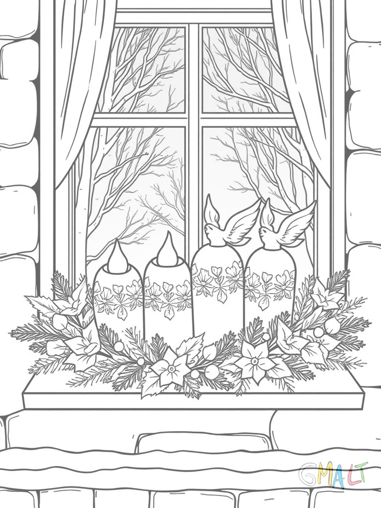 Ein traditioneller Adventskranz liegt auf einer Fensterbank. Durch das Fenster sieht man verschneite Bäume. Vier lilafarbene Kerzen stehen aufrecht im Kranz mit kleinen Engeln als Verzierung.