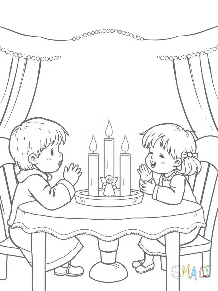Zwei Kinder sitzen am Tisch vor dem Adventskranz. Sie falten ihre Hände zum Gebet. Alle vier roten Kerzen brennen hell. Kleine Engelsfiguren stehen zwischen den Kerzen.