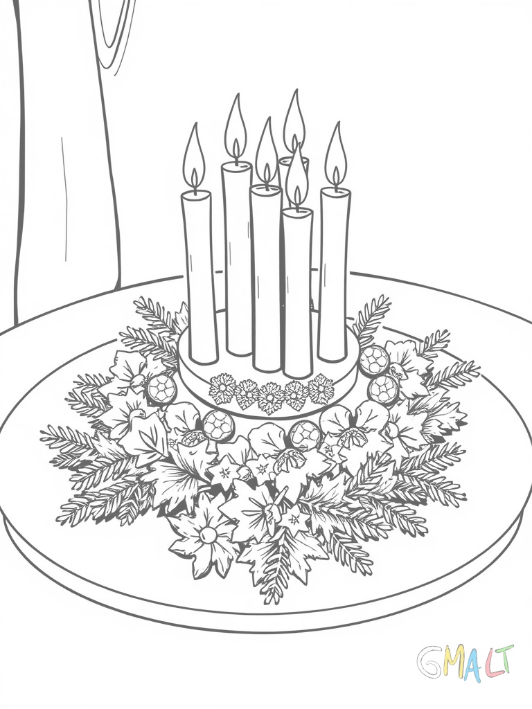 Ein Adventskranz mit vier brennenden Kerzen steht zentral auf einem runden Tisch. Drumherum liegen Lebkuchen und Tannenzweige. Eine Zimtsterne-Schale steht daneben.