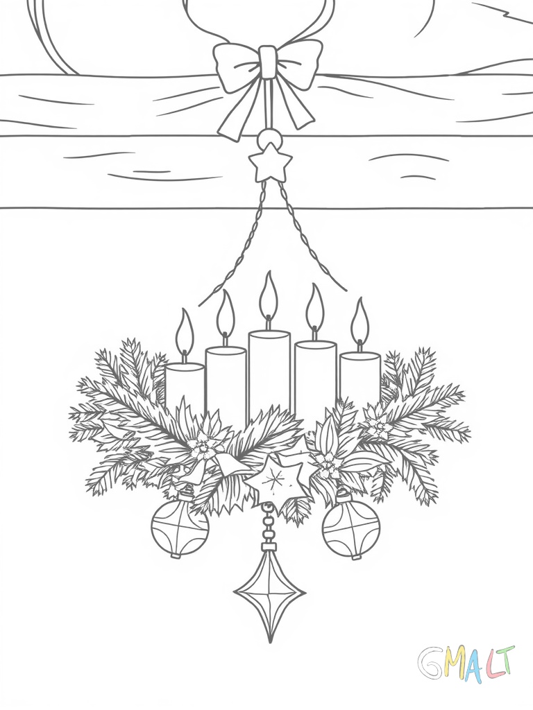 Ein großer Adventskranz hängt von der Decke herab. Vier weiße Kerzen sind aufgesteckt. Goldene Sterne und Tannenzapfen sind zwischen den grünen Zweigen befestigt.