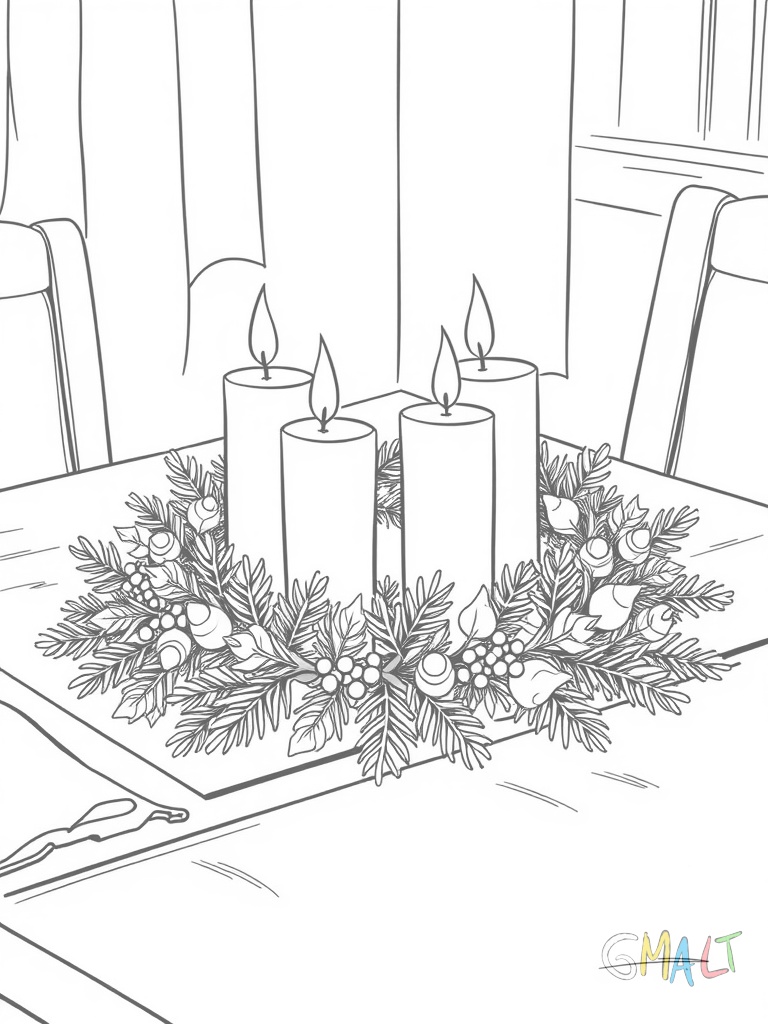 Ein Adventskranz mit vier Kerzen liegt auf einem Tisch. Er ist mit Tannenzweigen und Schleifen geschmückt.