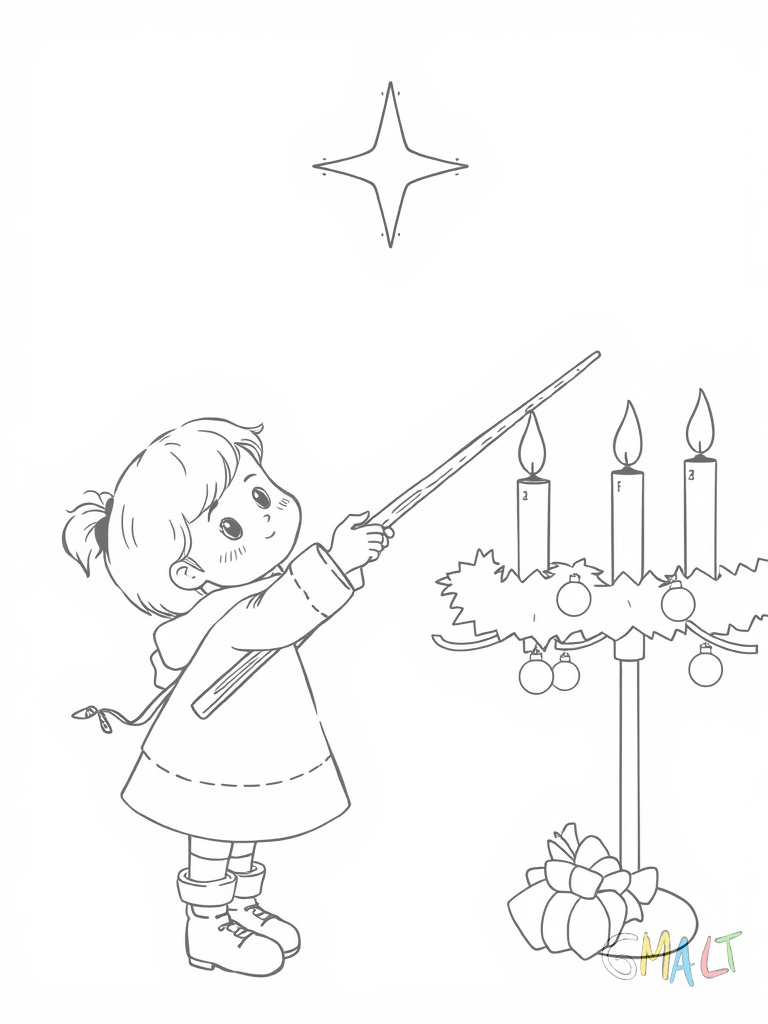 Ein kleines Mädchen zündet vorsichtig die zweite Kerze auf dem Adventskranz an. Sie hält ein langes Streichholz. Der Kranz ist mit silbernen Kugeln geschmückt.