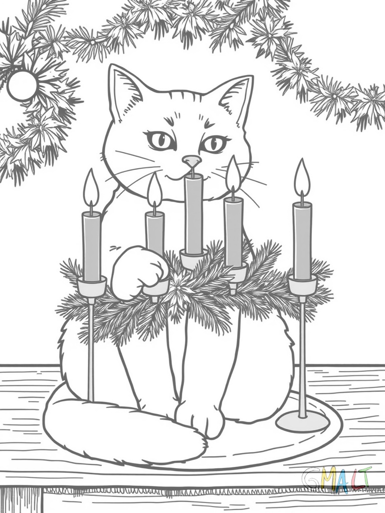 Eine Katze sitzt neugierig vor dem Adventskranz auf dem Tisch. Sie schnuppert an den grünen Tannenzweigen. Vier blaue Kerzen stehen sicher in ihren Halterungen.
