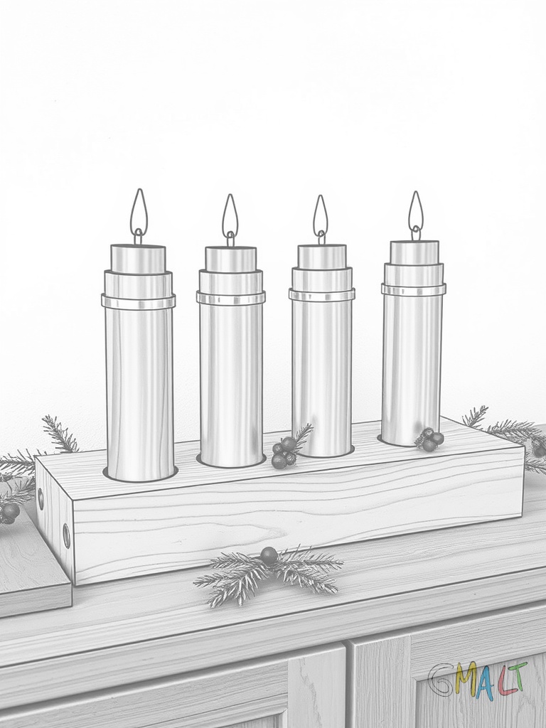 Ein moderner eckiger Adventskranz aus Holz steht auf einem Sideboard. Vier goldene Kerzen sind in Metallhaltern befestigt. Kleine rote Beeren und Tannenzweige liegen dekorativ dazwischen.