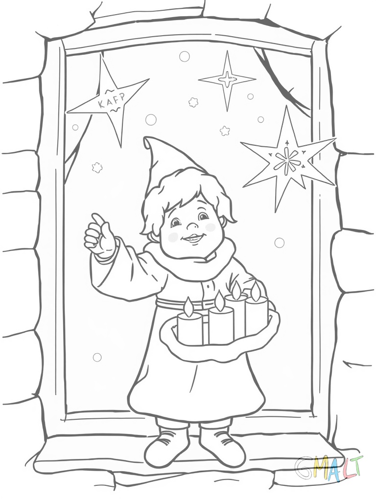 Das Christkind steht auf einem Fensterbrett und schaut durch ein beschlagenes Fenster. In seinen Händen hält es einen Adventskranz mit vier Kerzen.